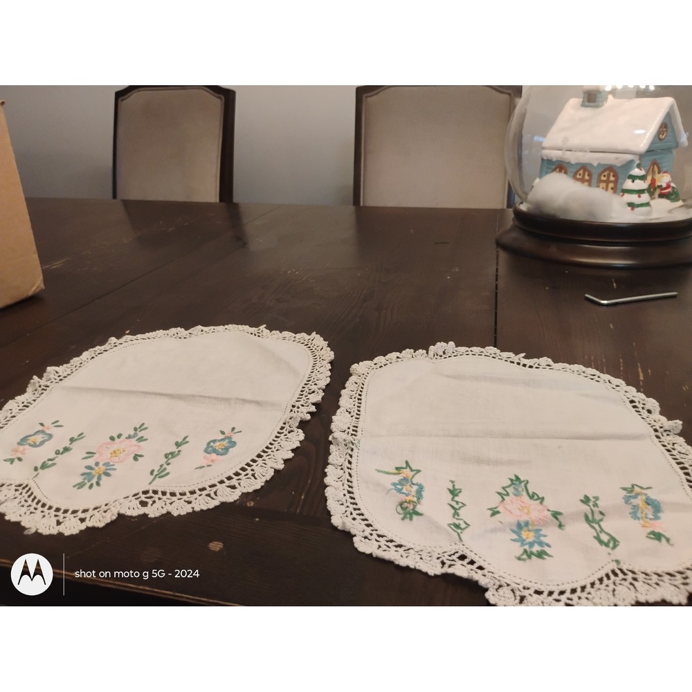 Vintage Hand Embroidered Floral Doilies White Linen Crocheted Lace Trim Set of 2